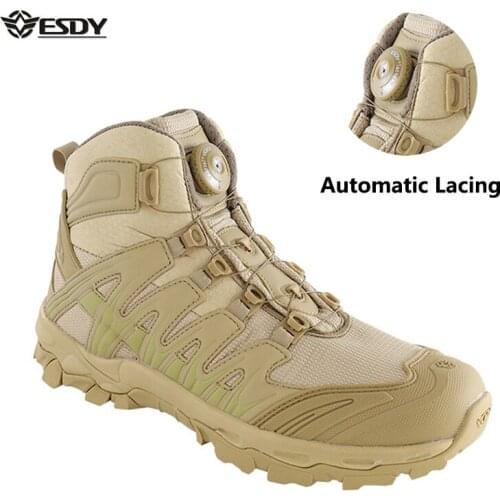 Men Outdoor Automatic Lacing Tactical Army Boots Wear Resistant Breathable Non-Slip Boots Climbing Training Combat Sports Shoes