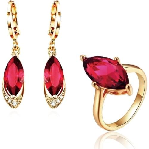 MxGxFam ( Special Price ) Noble Horse Eye Zircon Red Earrings and Ring Jewelry Sets for Women Gold Color 18 k