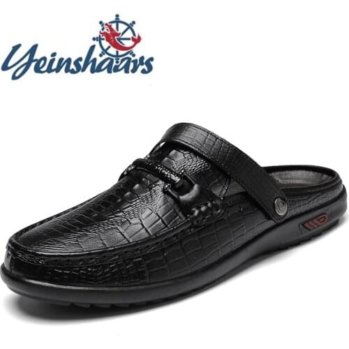 New Hot Sale Summer Half Drag Men Outdoor Casual Flats Fashion Sandals Genuine Leather Beach Shoes Top Quality Non-slip Slippers