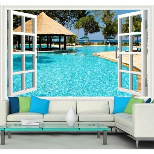 Wholesale Scenery Window Frame Mural Bule Sky Water 3d Murals Vinyl Wallpaper for Living Room 3d Wall Photo Mural Wall Fresco