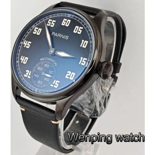 Parnis 44mm Black PVD Case 6498 Hand Winding Movement special scratch proof mineral glass Mens Mechanical Wrist Watch