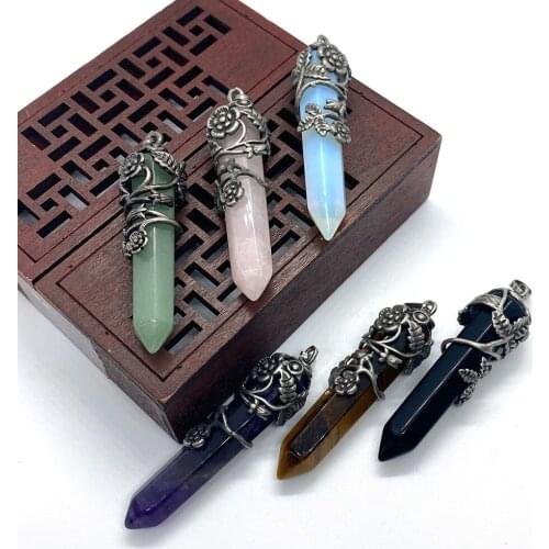 Natural Stone Pendant Amethyst Black Agate Tiger Eye Stone Reiki Healing Pyramid Prism Hexagonal Carving Flower Jewelry Necklace