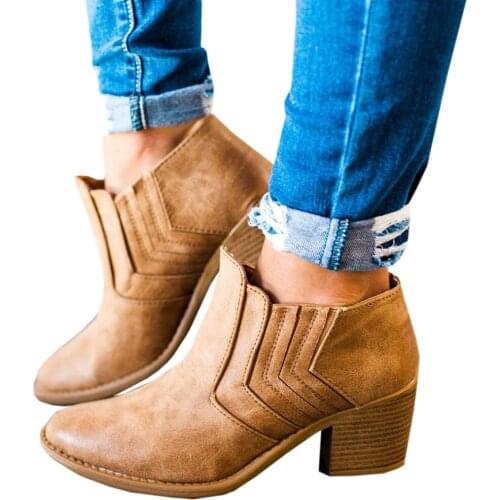 Dropshipping New Women Ankle Boots Block High Heels Botas Zapatos Mujer Retro Leather Winter Shoes Woman Plus Size BootiesCowboy