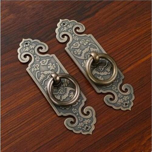 Rustic retro brass furniture door handle yellow brass drop rings with backboard dresser kitchen cabinet door handle drawer pull