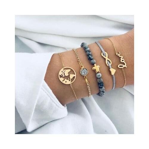 S115 5pcs/set Boho Bangle Worldmap Rope Pendant Beaded Bracelets For Women Charm Party Wedding Jewelry Bracelet Femme Pulseira