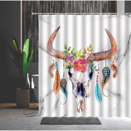 Cow Deer Skull Feather Shower Curtains Hand Painted 3D Animals Skeleton Red Rose Flower Pattern Bathroom Decor Washable Fabric