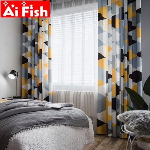 Scandinavian Modern Minimalist Half Shade Yellow Gray Geometry Digital Printing Curtains for living room White Tulle MY193-5