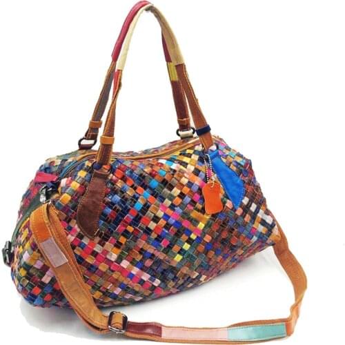 Grid Tote Handbag For Women Genuine Cowhide Handmade Patchwork Large Capacity Cross Body Bags Lady Travel Bag