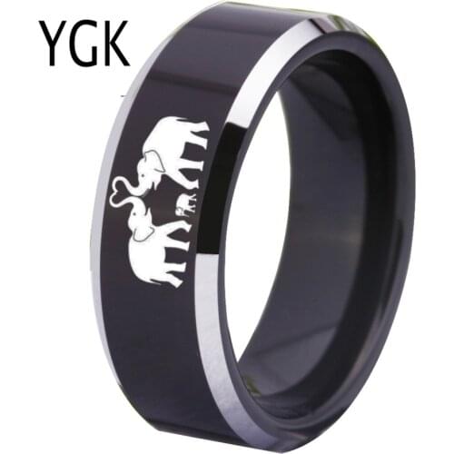 YGK Jewelry Elephant Family Design Black With Shiny Bevel Tungsten Ring Classic Mens Wedding Engagement Anniversary Gift Ring
