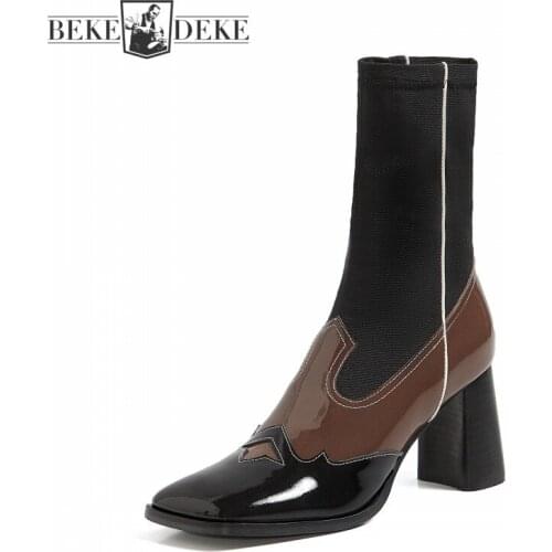 High Quality 2020 Autumn Winter Women Boots Designer Mixed Colors Genuine Leather Fashion Shoes Mid-Calf Square Toe High Heels