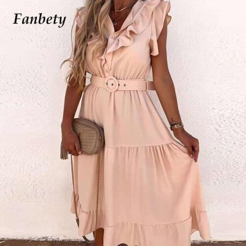 Fashion Office Lady Single-Breasted Shirt Dress New Elegant Sleeveless Ruffle Long Dresses Women Casual V-Neck Belt Dress Mujer