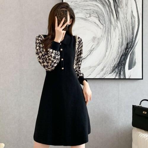 BYGOUBY Houndstooth Knit Women A Line Dress Autumn Winter Lantern Long Sleeve Sweater Dress Polo Collar Party Holiday Dresses