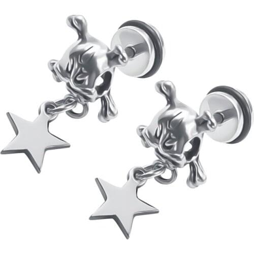 1 Pair Cool Skull Stud Earrings Gothic Skull&Star Ear Stud Pendant Earring Stud Stainless Steel Ear Piercing Jewelry