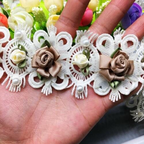10x African Lace Fabric Cotton Lace Trim Pearl 3D Coffee Flower Apricot Embroidered Ribbon Bridal Wedding Dress DIY Sewing Craft