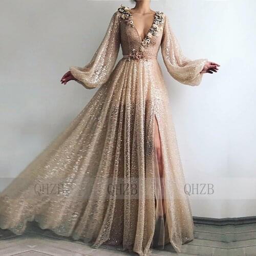 161 Champagne V-Neck A-Line Floor-Length Tulle Long Evening Dresses/Women Engagement Gowns 2020 Flowers Beading Free Shipping