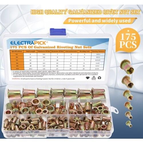 175pcs M3 M4 M6 M8 M10 Rivetnuts Carbon Steel Rivet Nuts Flat Head Rivet Nuts Set Riveting Nuts Insert Set