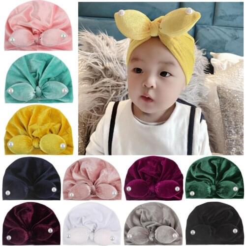 Velvet Baby Hat Pearl Bow Newborn Baby Cap Turban bonnet enfant Photography Accessorie Winter Baby Girl Hat Beanie baby muts