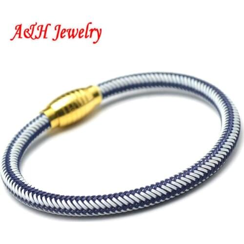 Stainless Steel Rope Blue and White Color Bracelets 6mm Diameter With Gold Color Magnet Clasp For Fashion Women Jewelry