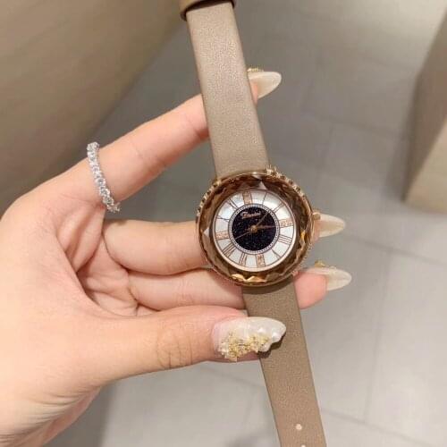 Fashion Candy Colors Genuine Leather Strap Waterproof Watches for Women Roman Number Vintage Watch Faceted Glass Crystal Watch