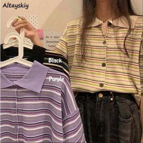 Cardigan Women Loose Striped Preppy Fresh 3 Colors Knittedwear Ulzzang Vintage New Summer Female Cropped Simple Leisure Chic Ins