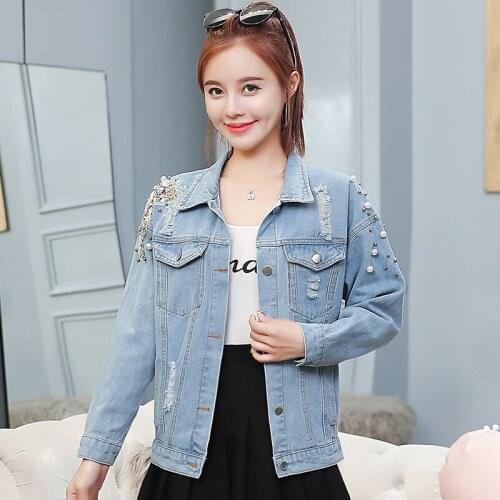 Harajuku Coat Women Bomber Jacket Denim Slim Coats Pearl Sequins Short Solid Outwear Chaqueta Mujer Vintage Biker Crystal Jacket
