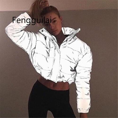 Fashion Flash Reflective Women Padded Jacket Short Tops Warm 2021 Autumn Winter Solid Zipper Oversize Loose Outwear Coats Casual