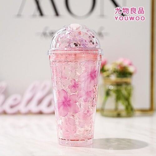 Ice cream straws cup Cherry Blossom sparkle double layer ice cup cartoon creative ice cup