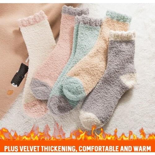 Women Socks Coral Fleece Winter Mid Socks Warm Cold Resistance Plus Velvet Thick Sock Kawaii Candy Color Cotton Floor Sleep Sock