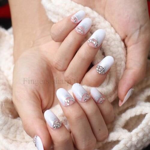 2020 The latest popular full diamond crystal diamond round head candy color handmade fake nails Crystal white W21