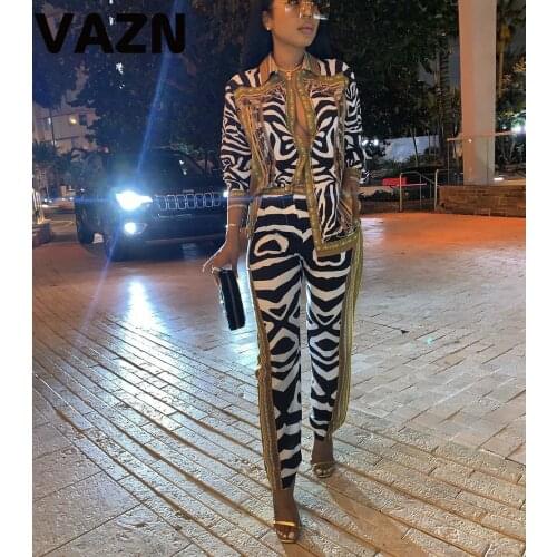 VAZN GKM18031 new arrival 2019 autumn black-white long set full sleeve button fly long pants set lady zebra-stripe print new set