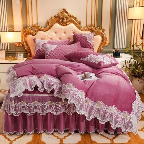 Autumn and Winter Warm Crystal Velvet Quilted Bed Skirt Four-Piece Set Thickening Bedspread Type Non-Slip Bed Cover Detachable