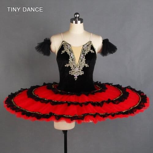 Professional Ballet Dance Tutus Black Stretch Velvet Bodice with Tiered Pancake Tutu Skirt Competition Classic Tutus BLL408