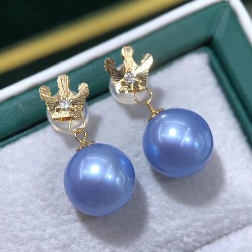 D727 Pearl Earrings Fine Jewelry Solid 18K Gold Round 9-10mm Fresh Water Blue Rose Pearls Drop Dangle Earrings for Women