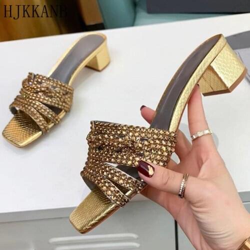 Chunky High Heel Open Toe Slippers Women Rhinestones Decor Summer Casual Vacation Slides Party Beach Shoes Female Mullers Lady