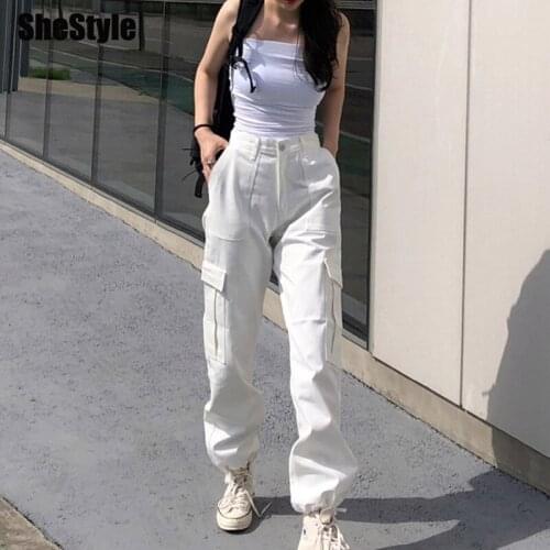 Shestyle High Waist Pockets Casual Cargo Pants 2019 Autumn Winter Loose White Leg Drawstring Zipper Jogger Pants Trousers