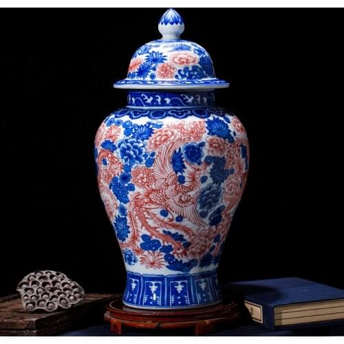 Jingdezhen porcelain antique jar blue and white glaze red general tank Qing Dynasty Qianlong blue and white glaze red phoenix
