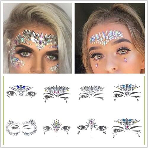 Fashion Trendy 3D Colored Shiny Acrylic Crystal Face Drill Sticker Diamond Masquerade Music Festival Temporary Tattoo Sticker