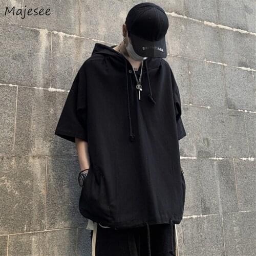 Men Short Sleeve Hoodies Spring Summer Hip-pop Teens Vintage Hooded Sweatshirts BF Couples Loose Harajuku Tops Retro Outwear Ins