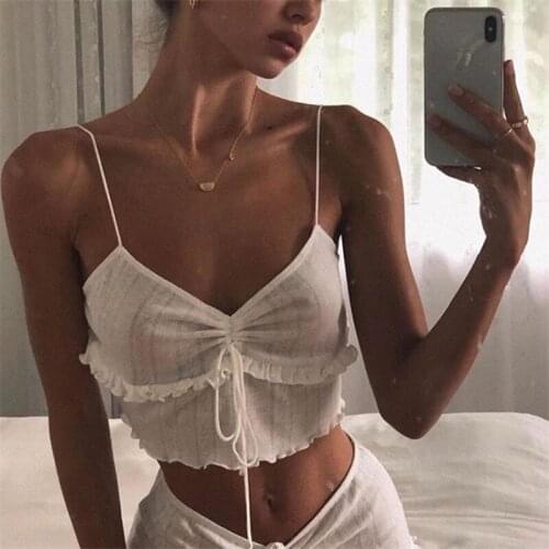 Summer Wild Chic Thin Camisole Solid Color Ruched V Collar Lace-Up Ruffle Trim Casual Exposed Navel Sling Tops for Ladies