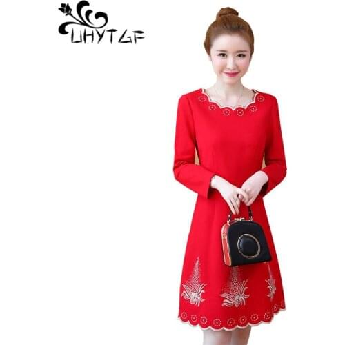 UHYTGF Dress women fashion embroidered loose plus size party dresses long sleeve pullover casual autumn winter dress Female 1281