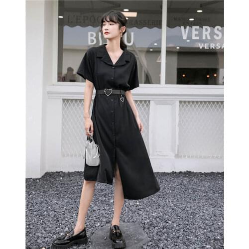 Vintage Black Dress 2021 Summer New Japanese Irregular Hem Waist Slimming Dress Belt Office Mid Length Little Black Dress Club