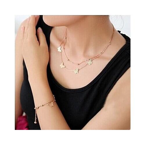 YUN RUO Fashion Brand Rose Gold Color Double Layer Butterfly Necklace Woman Girl Gift 316L Stainless Steel Jewelry High Quality