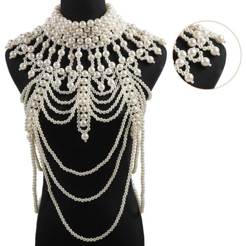 Women Faux Pearl Beaded Body Chain Shawl Jewelry Layered Bib Necklace Collar
