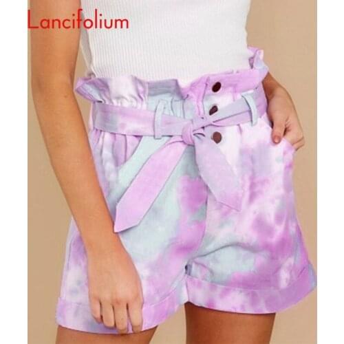 Tie Dye Shorts Women Summer Ruffle Button Tie Front Plus Size High Waist Shorts Ladies Harajuku Cute Green Casual Short Pants