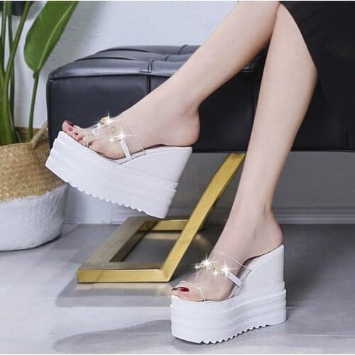 11cm High Heel Wedges Transparent Womens Slipper Platform Sandals White Black Wedges Shoes for Women Mules Sexy Open Toe Shoes