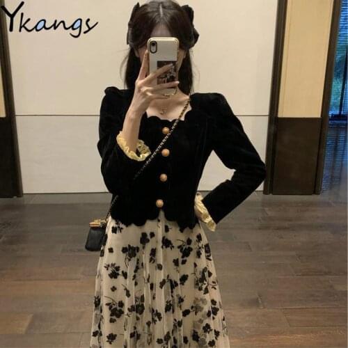 Elegant Skirt Two Piece Set Women Velvet Single-Breasted Ruffle Long Sleeve Coat + Flowers Tulle Skirt Korean Fashion Clothing
