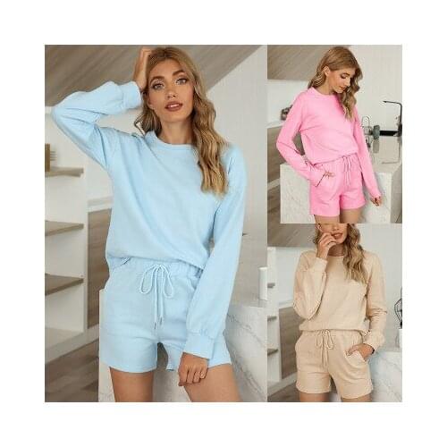 Women Pajamas Two-piece Set Pure Cotton Solid Color Home Wear with Pockets Long Sleeve Top + Shorts Winter Autumn Clothes Suit