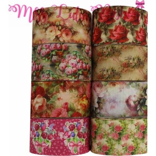 16mm-75mm Spring Flower Series Retro Flora Printed Grosgrain/Foe Ribbon Watercolor DIY Hair Bowknots 50yards/roll
