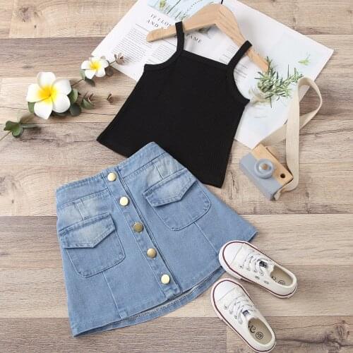 2021 0-5Y Fashion Kids Baby Girl Clothes Solid Color Knitted Top Vest+Pockets Decoration Button A-line Skirts Summer 2pcs Set