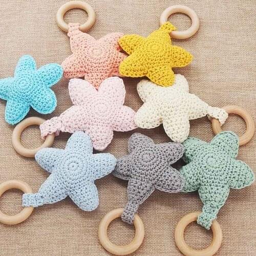 Chenkai 10PCS Crochet Star Nature Wood Ring Baby Teether Food Grade DIY Wooden Infan Pacifier Dummy Teetheing Chain Grasping Toy
